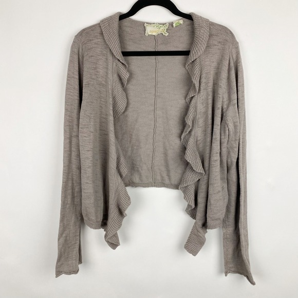sparrow Sweaters - Sparrow Anthropologie Taupe Cotton Ruffle Open Front Cropped Cardigan Womens XL